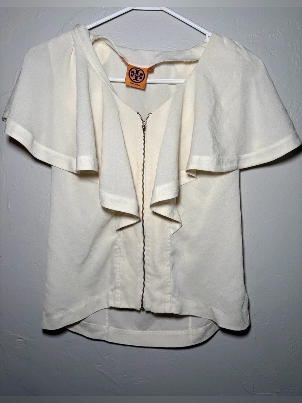 Tory Burch Ivory 100% Silk Short Sleeve Zip Front Blouse Top Size 2